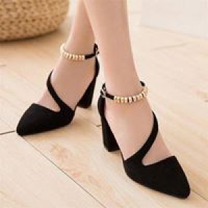 Giày cao gót vuông 7p bít mũi nhung quai chéo vòng cổ hạt châu - BM82