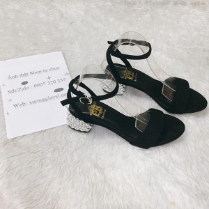 Giày sandal nữ cao gót vuông bạc gai 5p quai ngang nhung - SD126