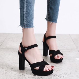 Giày sandal nữ cao gót đúp vuông 11cm quai ngang nhung hở gót - Đ02