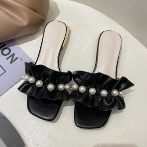 Dép nữ đế 2cm quai nhún bèo da mềm kết hạt châu D009