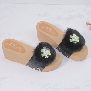 Dép đế xuồng cao gót 6p quai bản lớn kết lông xù X030