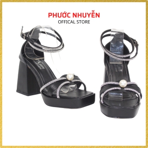 Giày sandal nữ cao gót đúp vuông 9p quai xoàn đính 1 hạt châu - Đ25