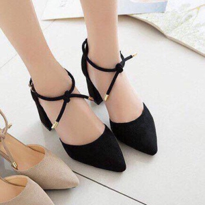Giày cao gót vuông 7p bít mũi da nhung cổ nơ chuông - BM02