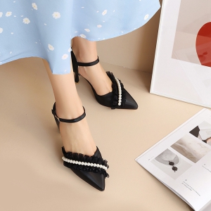 Giày cao gót nhọn 7p bít mũi phối ren lưới dún kết hạt châu - BM08