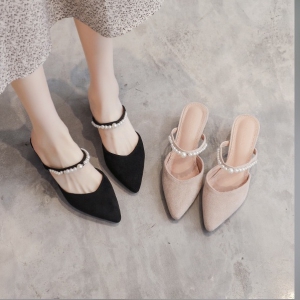 Giày sục cao gót vuông 5p bít mũi da nhung dây mảnh ngang kết hạt châu - BM118