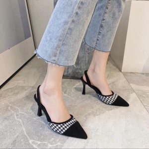 Giày cao gót nhọn 7p bít mũi nhung phối caro gót bọc thun - BM27
