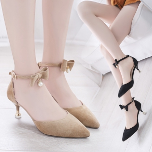 Giày cao gót nhọn 7p bít mũi da nhung cổ nơ 1 hạt - BM44