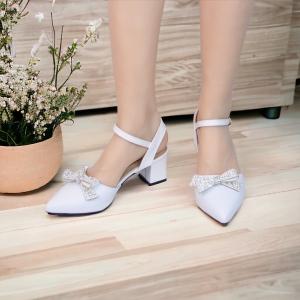 Giày cao gót vuông 5p bít mũi da mềm kết nơ đính đá - BM98 ( ảnh thật )
