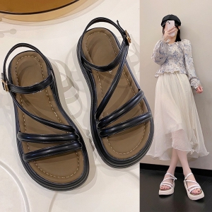 Giày sandal nữ đế bằng dây mảnh phồng ngang và chéo hông - DB018