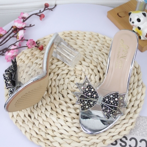 Guốc nữ cao gót trong vuông 7p/9p quai bản trong kết nơ lưới đính đá lấp lánh G22 - Phom giày nhỏ