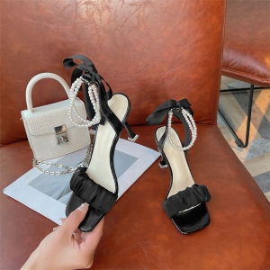 Giày sandal nữ cao gót nhọn 7p quai lưới dúng vòng cổ chuỗi cột ruy băng - SD15