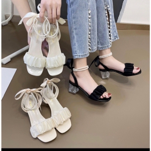 Giày sandal nữ cao gót vuông trong 5p quai dún ren vòng cổ hạt châu cột ruy băng - SD19