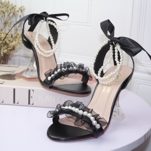 Giày sandal nữ cao gót trong ly 9p quai dún ren vòng cổ hạt châu cột ruy băng - SD85