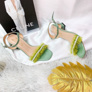 Giày sandal, giày cao gót vuông 5p quai bản ngang kết ren phối hạt châu - SD08
