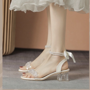 Giày sandal nữ cao gót vuông trong 5p quai trong đính đá trong suốt ruy băng cột nơ gót - SD109