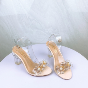 Giày sandal cao gót 9 phân đế vuông trong suốt quai ngang hết hoa đá nổi bật - SD131