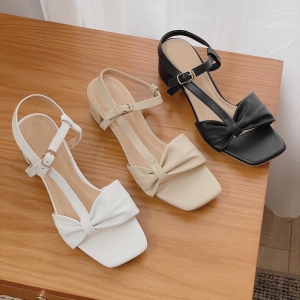 Giày sandal nữ cao gót vuông 3p quai dún nơ dây nối gót - SD163
