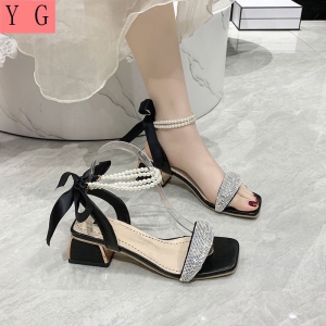 Giày sandal cao gót vuông 5p quai ngang full xoàn vòng cổ hạt châu cột nơ ruy băng sau gót SD65