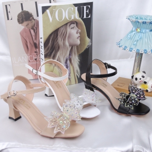 Giày sandal nữ cao gót kiểu 5p quai ngang kết nơ đính đá lấp lánh SD68